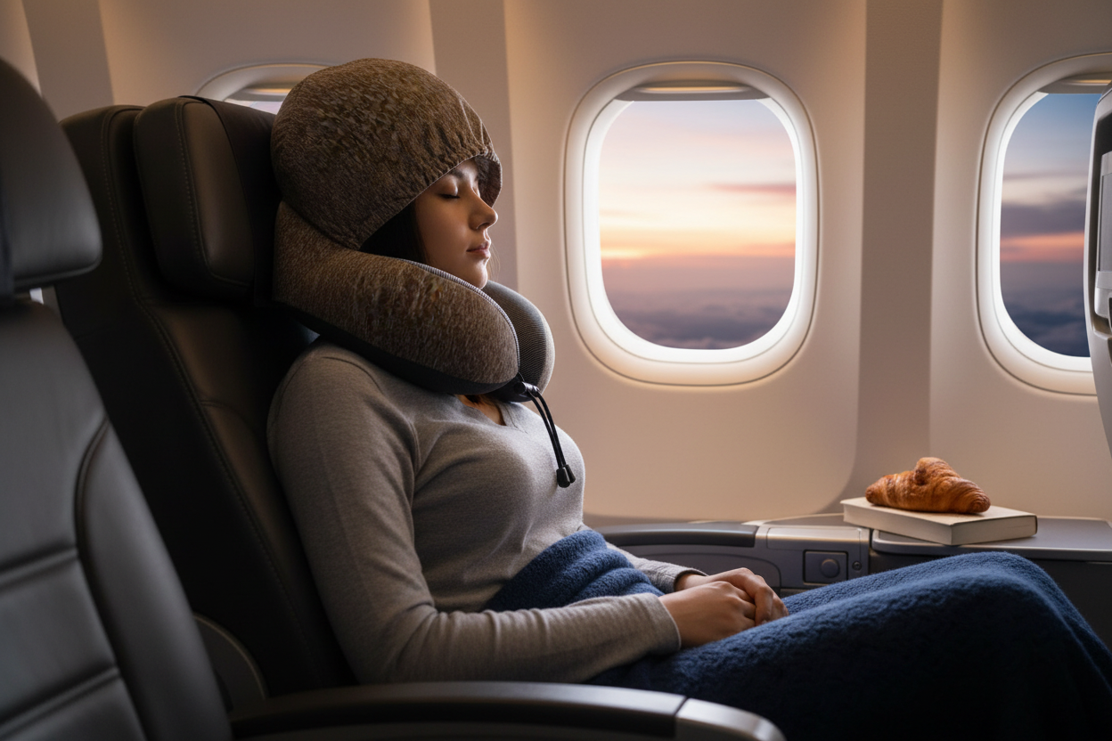 Femme en avion avec pillow Brown