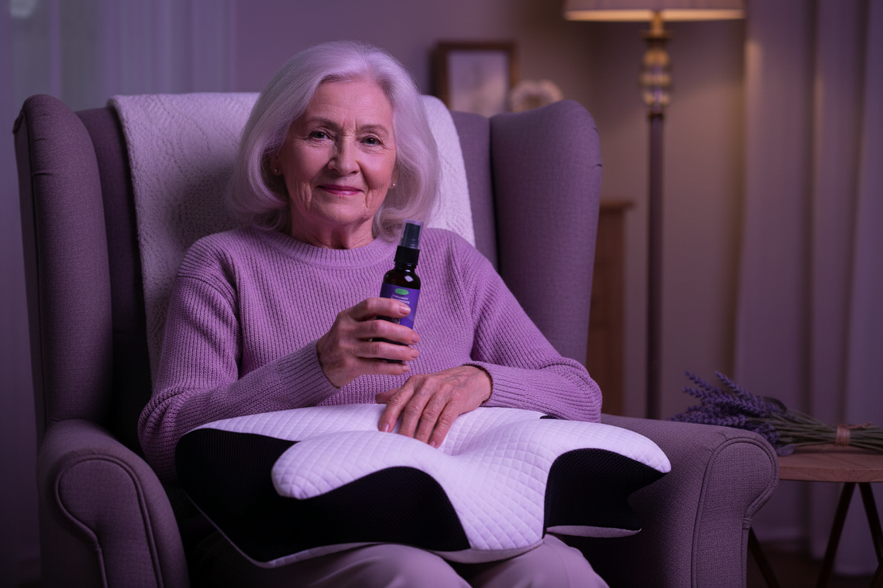 Femme âgée avec Dormelio pillow et spray