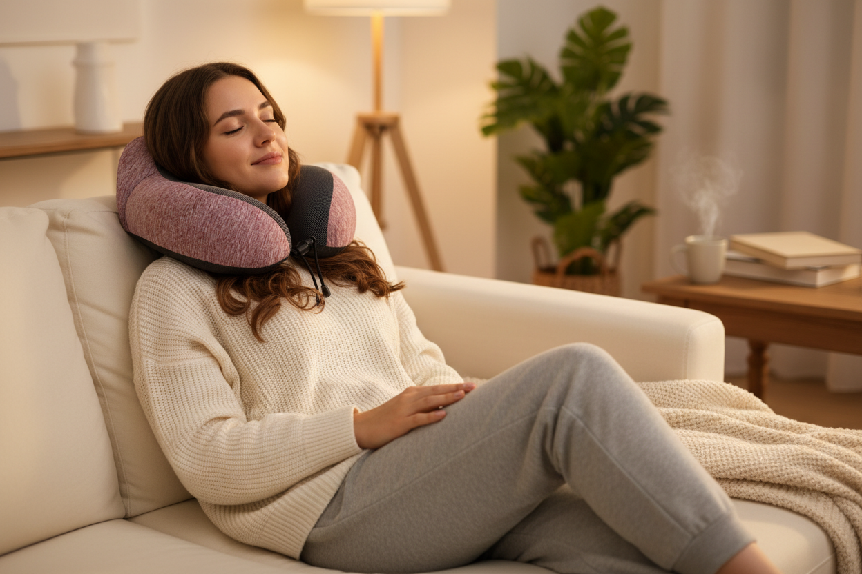 Femme sur canapé avec pillow Red Wine